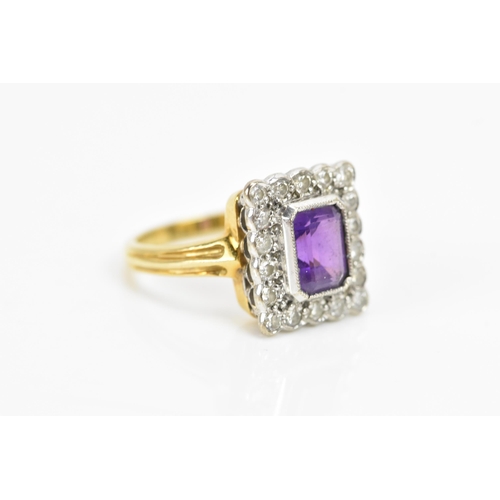 87 - An 18ct yellow gold amethyst and diamond cluster ring, the central baguette cut amethyst surface mea... 