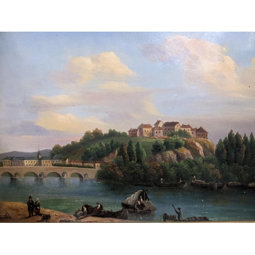 312 - A 19th Century European river landscape, with bridge, houses and river craft, and figures to the for... 