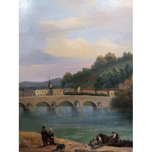 312 - A 19th Century European river landscape, with bridge, houses and river craft, and figures to the for... 