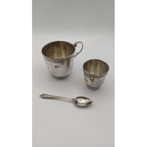 53 - A Jed & S three piece silver Christening silver set, hallmarked London 1948, to include an egg cup a... 