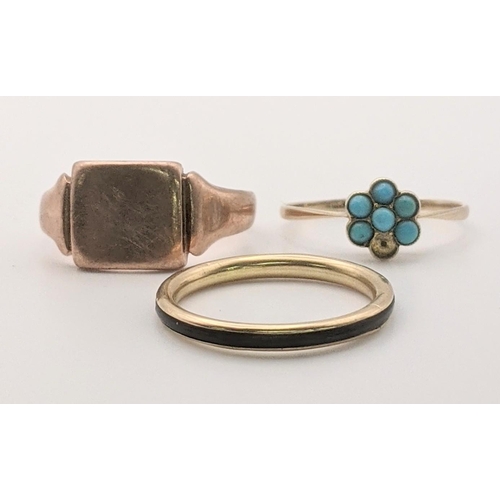 68 - Three 9ct gold rings together with a turquoise ring, one stone missing, a rose gold signet ring and ... 