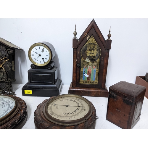 293 - A selection of Victorian and later clocks and wall barometer to include a Swiss wooden cased cuckoo ... 