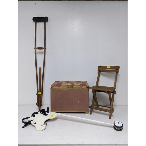 308 - A mixed lot to include a wooden slatted folding chair, white painted hobby horse, invalid's wooden c... 