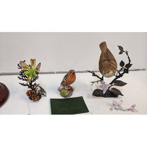 344 - Two Royal Worcester birds on metal branches and four others along with two Cynthia Brown model birds... 