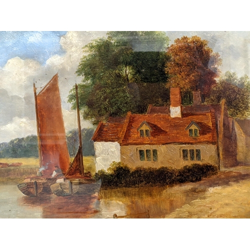 342 - A late 19th/early 20th century oil on board depicting a small house on the side of a river or lake w... 