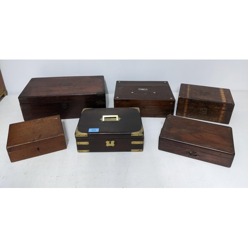 352 - A group of six Victorian boxes to include a Victorian mahogany writing slope, rosewood box with moth... 