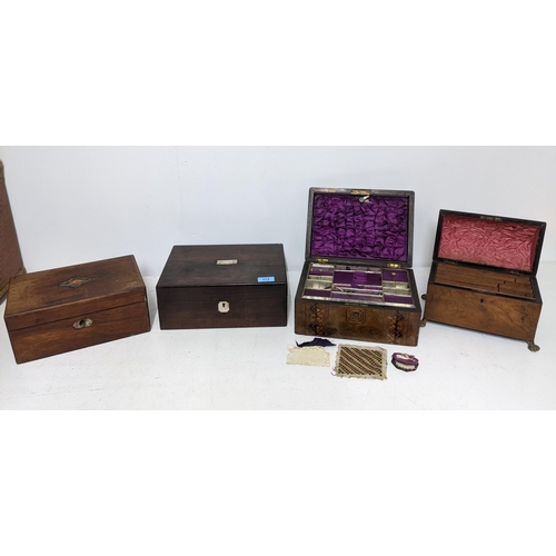 351 - Four Victorian boxes to include an inlaid walnut Tunbridge ware style work box with fitted interior ... 