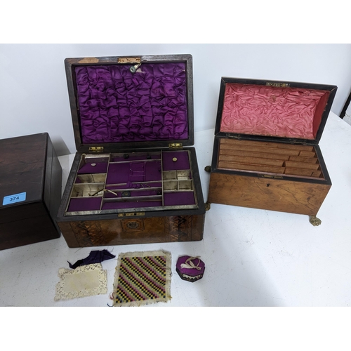 351 - Four Victorian boxes to include an inlaid walnut Tunbridge ware style work box with fitted interior ... 