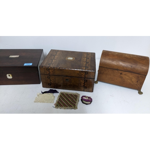 351 - Four Victorian boxes to include an inlaid walnut Tunbridge ware style work box with fitted interior ... 