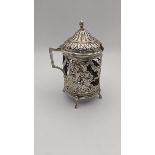 102 - A 800 grade white metal mustard pot with pierced and embossed decoration, 129.2g, Location: R2-1
If ... 