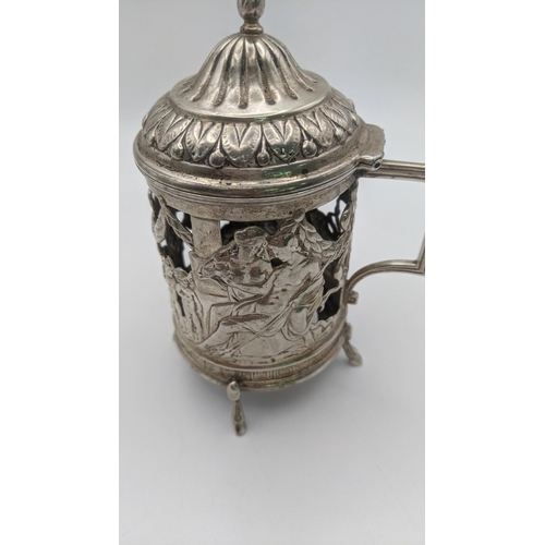 102 - A 800 grade white metal mustard pot with pierced and embossed decoration, 129.2g, Location: R2-1
If ... 