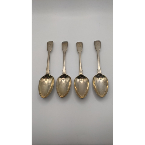 112 - A set of four Mary Chawner silver fiddle pattern table spoons, hallmarked London 1839, total weight ... 