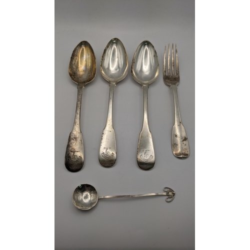 115 - A set of three Scottish silver serving spoons and a fork all hallmarked Edinburgh 1821 and one other... 