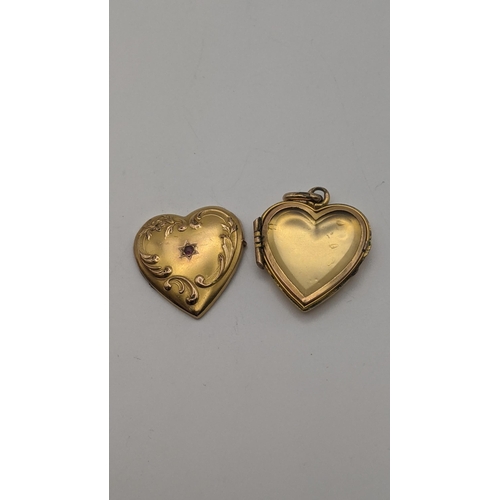 129 - A gold and sapphire bar brooch, tested as 15ct gold 2.1g, together with a gold heart shaped locket, ... 