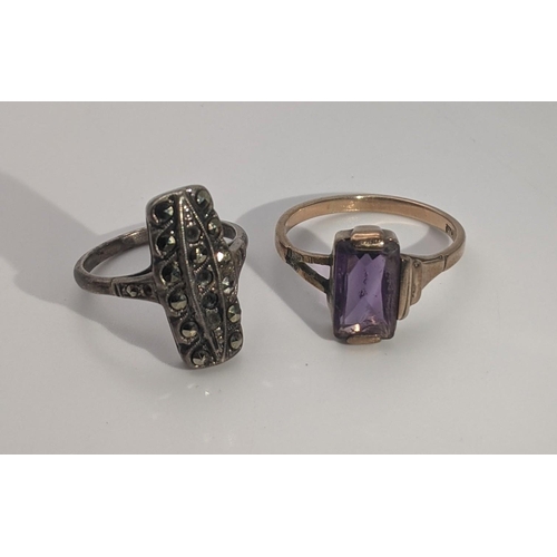 146 - A 9ct gold and emerald cut amethyst A/F 2.1g together with an art deco marcasite ring
 Location: CAB... 