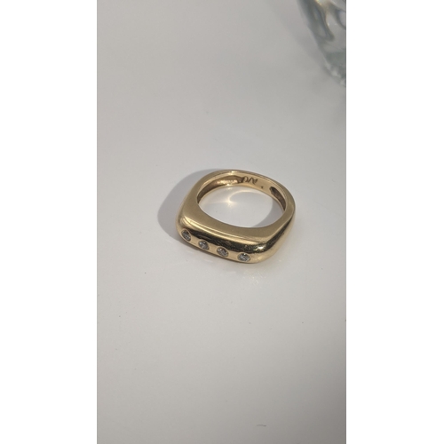 151 - A gold gypsy style 4-stone diamond ring tested as 14ct, gold size N, 5.6g Location: RING
If there is... 