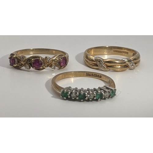 156 - Three 9ct gold ladies rings to include one set with ruby and diamonds, and two others, total weight ... 