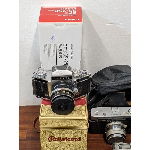 202 - Photographic cameras and accessories to include Olympus Trip 35, an Asahi Pentax Spotmatic F and Exa... 