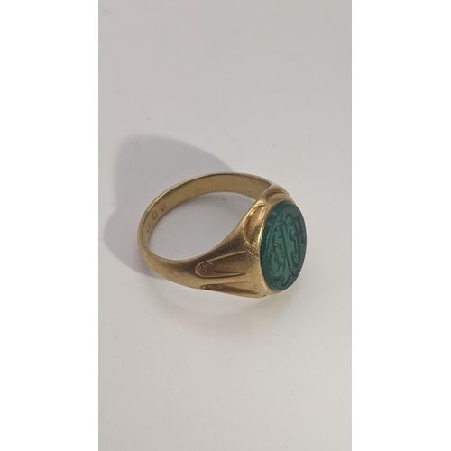 204 - A Victorian 18ct gold intaglio green chalcedony signet ring size R, 7.7g Location:RING
If there is n... 