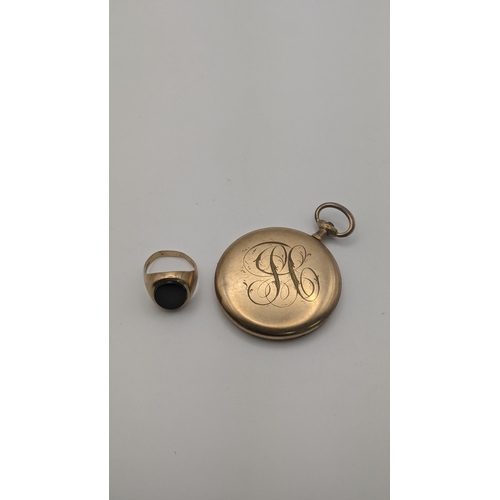 208 - A 9ct gold gent's black onyx signet ring 6.3g, together with a gold plated open faced keyless pocket... 