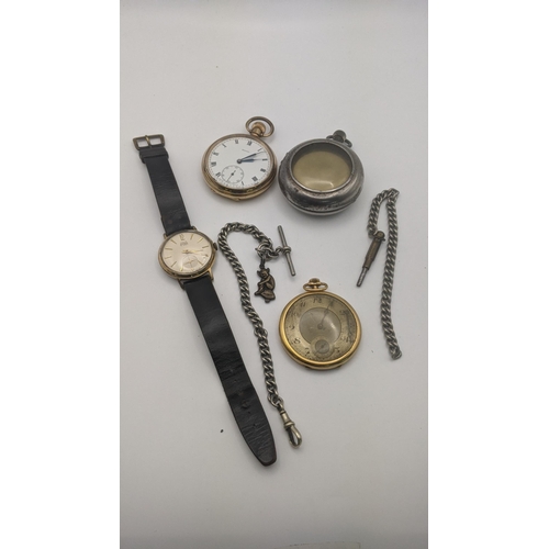 215 - Two gold plated pocket watches, a Smiths wristwatch engraved and a pocket watch and silver pocket wa... 