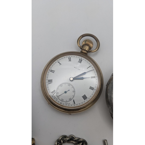 215 - Two gold plated pocket watches, a Smiths wristwatch engraved and a pocket watch and silver pocket wa... 