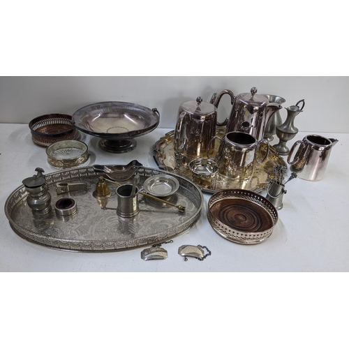 270 - A mixed lot of metalware to include silver plated trays, wine coasters, two silver decanter labels a... 