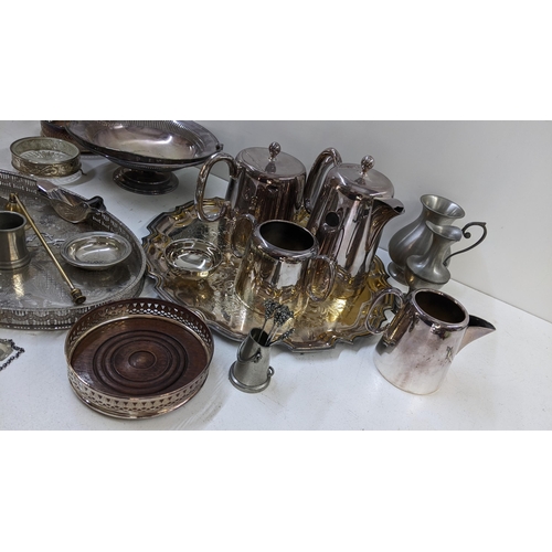 270 - A mixed lot of metalware to include silver plated trays, wine coasters, two silver decanter labels a... 