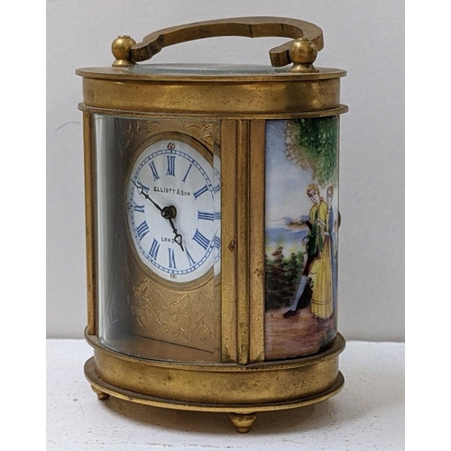 272 - An early 20th century French miniature carriage clock, with painted panels depicting courting couple... 