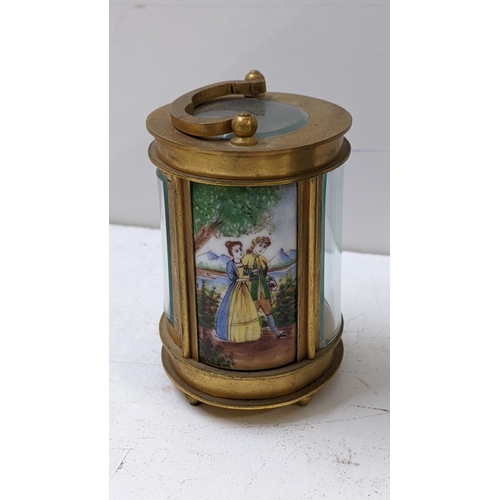 272 - An early 20th century French miniature carriage clock, with painted panels depicting courting couple... 