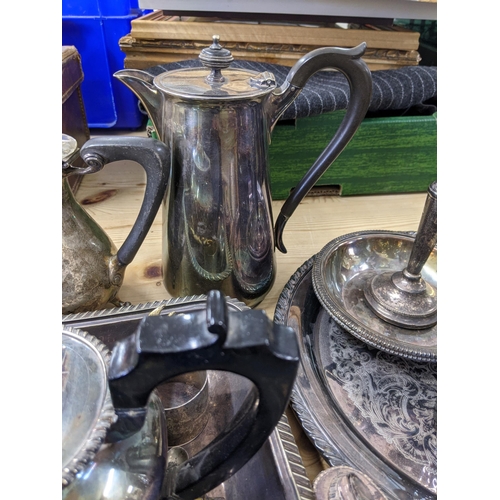 280 - Silver plate and EPNS items to include candlesticks, coffee pots, one with a Walrus tusk handle, a t... 