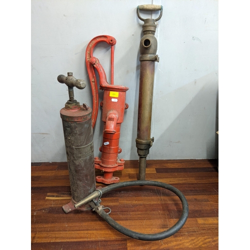 281 - A cast iron water hand pump red along with Stynip water pump with a hose, inscribed 'Abbot Birks & c... 