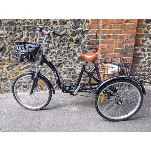 371 - A Jorvik tricycle in black with a basket to the front and rear, with a singular wicket basket, handl... 