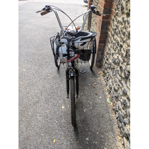 371 - A Jorvik tricycle in black with a basket to the front and rear, with a singular wicket basket, handl... 