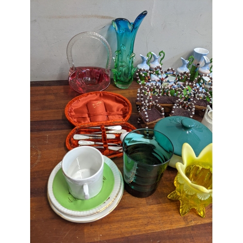 372 - Ceramics and glassware to include Denby, Bunnykins, a millefiori paperweight, china, a set of mother... 