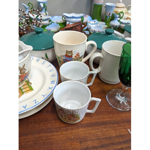 372 - Ceramics and glassware to include Denby, Bunnykins, a millefiori paperweight, china, a set of mother... 