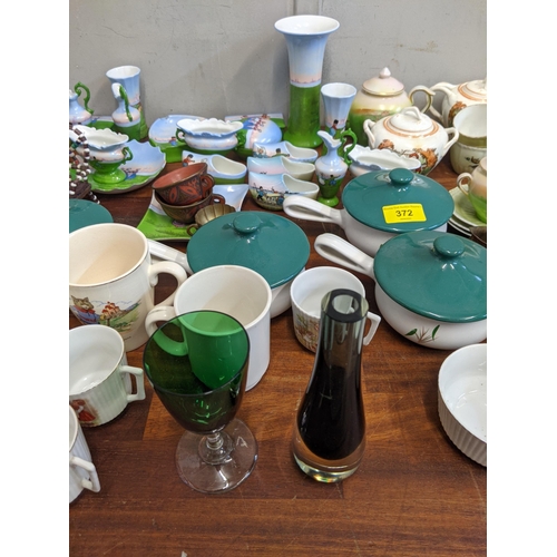 372 - Ceramics and glassware to include Denby, Bunnykins, a millefiori paperweight, china, a set of mother... 