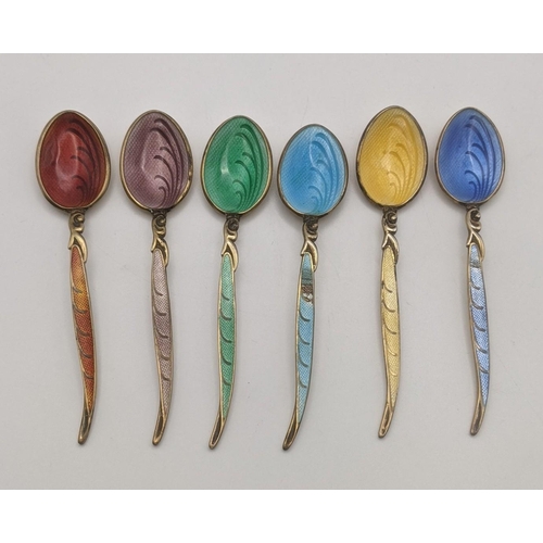 90 - A set of six Turner and Simpson silver and enamel coffee spoons, hallmarked Birmingham 1964, total w... 