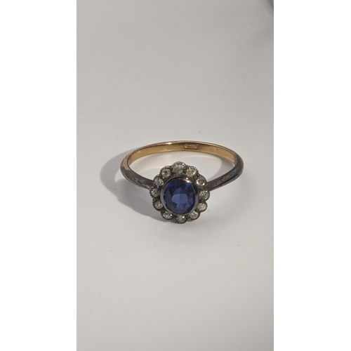 167 - A gold blue sapphire and diamond ring tested as 15ct gold size P 1/2, 2.5g, together with a gold col... 