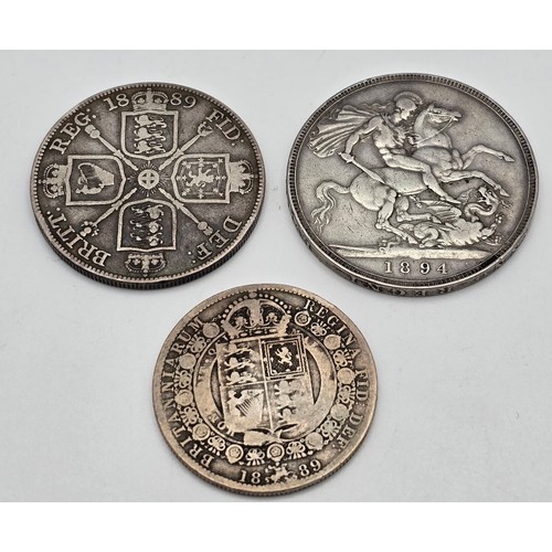 83 - Victorian Silver Coinage - 1894 LVIII Crown, 1889 Double Florin and a 1889 Halfcrown,