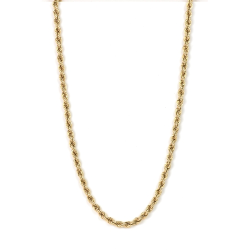 236 - A 9ct yellow gold rope twist necklace, having a spring ring clasp, stamped 375, 63cm, 14.1 grams
Loc... 