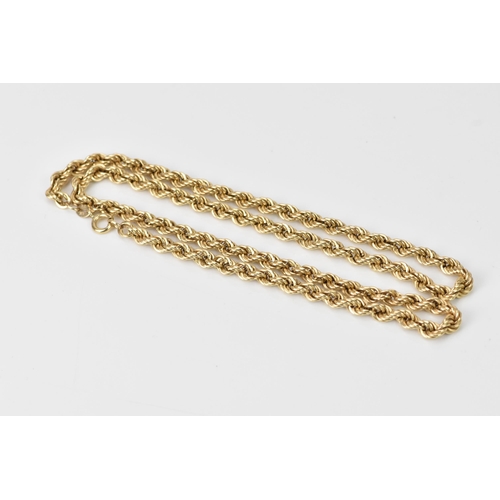 236 - A 9ct yellow gold rope twist necklace, having a spring ring clasp, stamped 375, 63cm, 14.1 grams
Loc... 