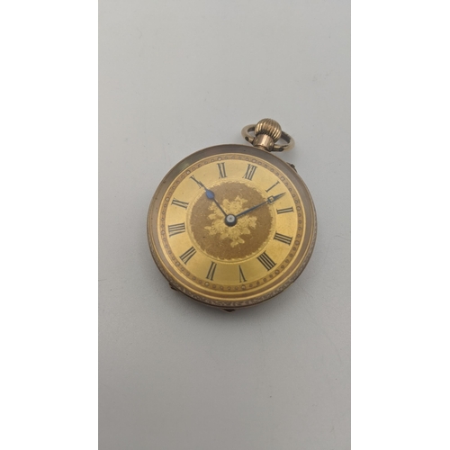 245 - A 9ct gold early 20th century open face keyless pocket watch, total weight 30.2g
Location:CAB1
If th... 