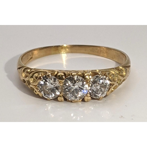 250 - A Victorian gold and three stone diamond ring tested as 22ct gold size T, 3.4g Location:RING
If ther... 