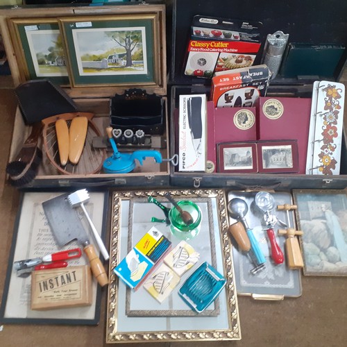 449 - Two wooden tool boxes and contents to include vintage clothes brushes, a pair of Peter Mills waterco... 