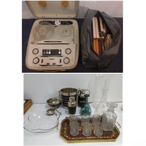 496 - A mixed lot to include an Elizabethan LZ-29 reel to reel in cream travel case and a quantity of reel... 