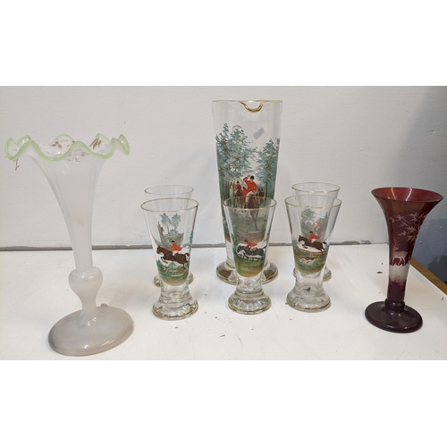 498 - Glassware to include a 1930s lemonade set depicting hunting scenes, two glass lustres, a 19th centur... 