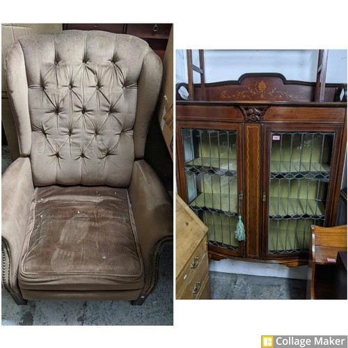 393 - A 20th century Georgian style upholstered, wing back armchair, together with a late Victorian inlaid... 