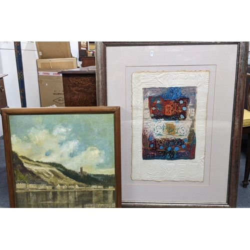 256 - Jersey Nowiak - a lake scene, oil on board, and David Dodsworth - carborundum etching framed and gla... 