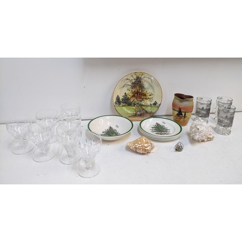 381 - A mixed lot to include a set of seven Stuart Crystal wine glasses, sea shells, Spode Christmas Tree ... 